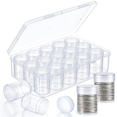 Qunclay 16 Pcs Half Dollar Coin Tubes with 1 Storage Box Clear Plastic Half Dollar Holders with Lid for Coin Collection and Organization
