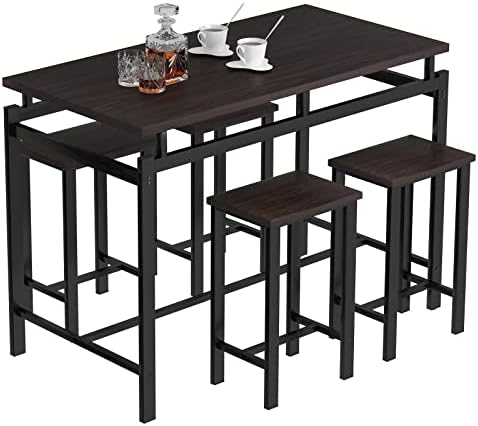 basenji Dining Table Set for 4, 5 Piece Kitchen Table and Chairs with Wine Rack and Glass Holder, Bar Table and Chairs Set Space Saving for Pub Breakfast (Espresso)