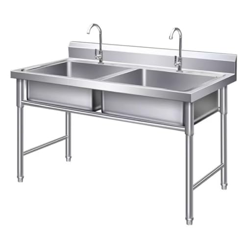 Fregadero independiente para exteriores, doble cuenco 304, de acero inoxidable, fregadero de cocina, comercial, restaurante, fregadero con grifo, para garaje, lavadero, 100 cm x 50 cm x 80 cm