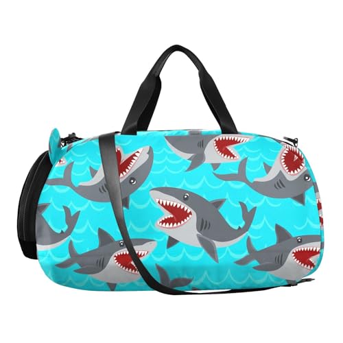 Sharks Ocean Blue Kids Travel Duffel Bag for Boys Girls Overnight Weekend Tote Bag with Shoes Compartment for Sleepover Trip Beach2