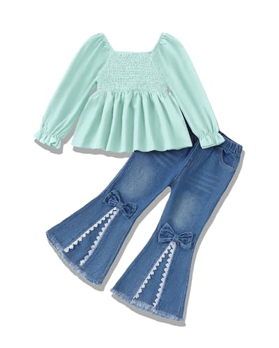 Image of XUANHAO Toddler Girls Clothes Puff Sleeve Smocked Shirt Flare Jeans Pant Outfits for Girl Bell Bottom Kids Girls Clothing Set