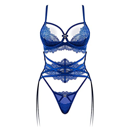 Ensemble de lingerie sexy en dentelle, soutien-gorge en dentelle et string avec porte-jarretelles 3 pièces - Bleu - 90 Cover