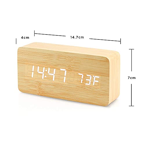 Oct17 Wooden Digital Alarm Clock, Wood Fashion Multi-Function Led Alarm Clock With Usb Power Supply, Voice Control, Timer, Thermometer - Bamboo #TOP2