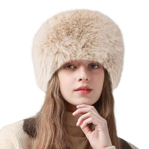 Peicees Winter Faux Fur Hat for Women Girls Cossack Russian Style Ladies Ushanka Fuzzy Furry Warm Fluffy Bucket Hat Beige