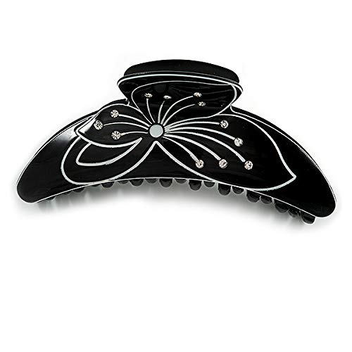 Miniatura 3 de Pinza de pelo de acrílico con motivo floral negroblanco, grande, 4.7 in a través