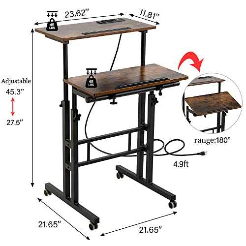 Image of Hadulcet Mobile Standing Desk with Wheels, Rolling Desk Adjustable Height, Portable Laptop Table with Charging Station, Sit Stand up for Home Office, Study, Classroom, Rustic Brown