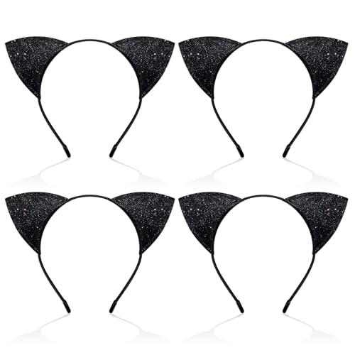 FUIPVGI 4 Pièces Serre Tête Oreilles de Chat, Oreilles de Chat Bandeau Paillettes, Brillantes Noires accessoire de cheveux, pour fille et femme, pour...