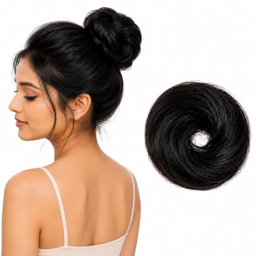 Image of Messy Bun Scrunchie Hair Extension for Women & Girls- 100% Natural Real Human Hair Juda Bun | Hair Bun Accessories for women- Trendy Messy bun Look, Natural Black (30g)