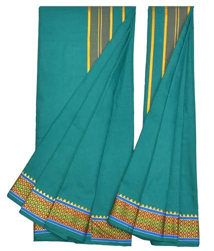 Image of TUNI MANI Men's Panchakacham Dhoti with Angavasthram with Zari Border, Cotton, Size: 9 X 5 (4.0mtr Dhoti, 2.25mtr Towel)