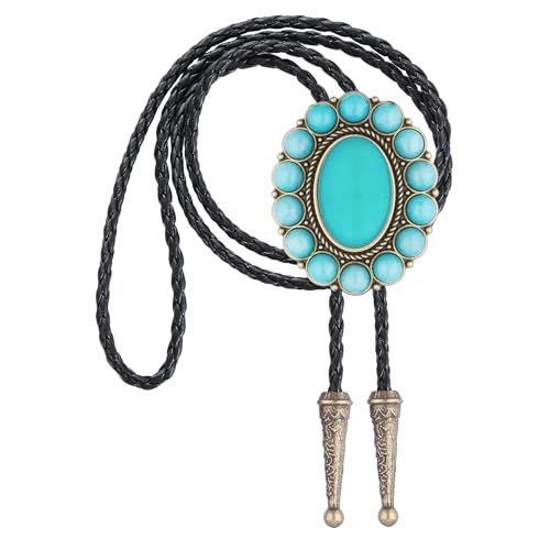 Image of GelConnie Bolo Tie for Men Women Western Cowboy Turquoise Leather Necktie | Natural Stone Bolo Tie Necklace for Women Rodeo Cowboy Leather Necktie Native American Western Cowgirl Ties Adjustable Cord