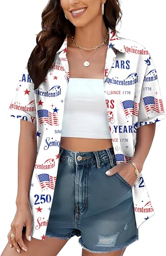 Image of American Flag Shirt for Women 4th of July USA Button Up Tops Summer Hawaii Floral Patriotic Stripes Graphic Tee
