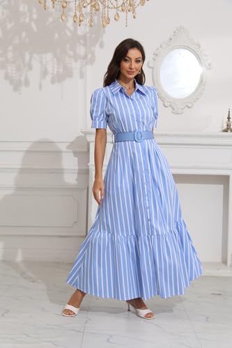 utcoco Womens Striped Button Down Shirt Dress Casual Puff Short Sleeve Ruffle Hem Maxi Dresses with Belt2