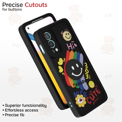 Image of Pikkme Back Cover for OnePlus Nord 2 5G | Soft Silicone| Cute Rainbow Smile & 3D Cartoon Flower Design | Shockproof Raised Camera Protection Bumper Case (Black)