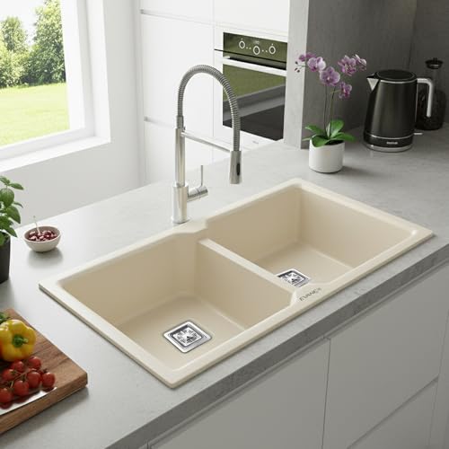 Image of EVANEX Quartz Kitchen Sink|Double Bowl Sink for Kitchen|Topmount /Undermount Kitchen Sinks|Choco-White Double Sink with Connector, Waste Pipe, Coupling and Drain Basket|45x20x9 Granite Kitchen Sinks