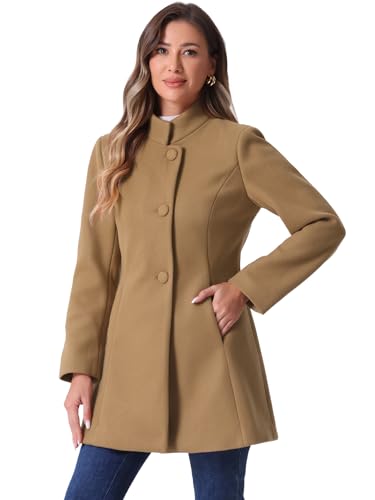 Allegra K Damen-Winterübermantel, mittellang, Stehkragen, Einreiher, Oberbekleidung, Camel, M