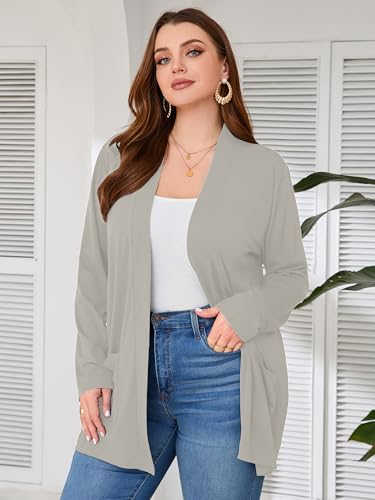 Image of AusLook Plus Size Lightweight Cardigans for Women Open Front Pockets Jacket | 1X-5X,Soft Stretch,Long Sleeve,Longline Coverage,Dress Jeans Layer,Work Travel Style,Spring Fall Wear