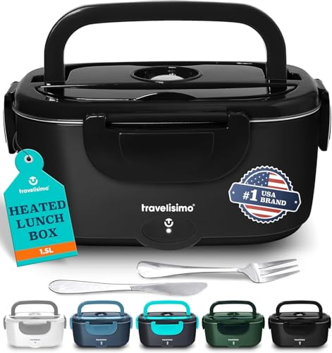 TRAVELISIMO Electric Lunch Box for Adults 100W Heated Lunch Box For Men 1.5L Stainless Steel Portable Food Warmer, 12/24/110V for Travel & Work, Loncheras Electricas Para Calentar Almuerzo