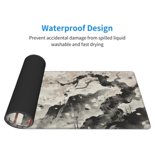 Image of Watercolor Painting Japanese Mouse Pad 31.5x11.8 XL Red Black Grey Cherry Blossoms Extended Large Mousepad Keyboard Mouse Mat Desk Pad with Non-Slip Rubber Base Stitched Edges for Home Office Game