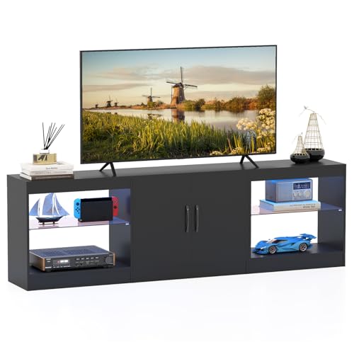 COSTWAY Mueble de TV para Televisores hasta de 85 Pulgadas, Mesa de TV 3 en 1 con Luces LED y Estantes de Vidrio Ajustables, Mueble de Salón Modular de 3 Piezas, Moderno, 195x30x55 cm (Negro)