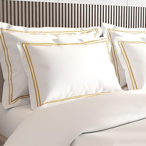 Image of Pure Cotton 500 TC Pillow Cover Set | Greek Embroidered Pillow Cover Set | Percale Weave | 18 X 27 Inches (2, White - Golden)
