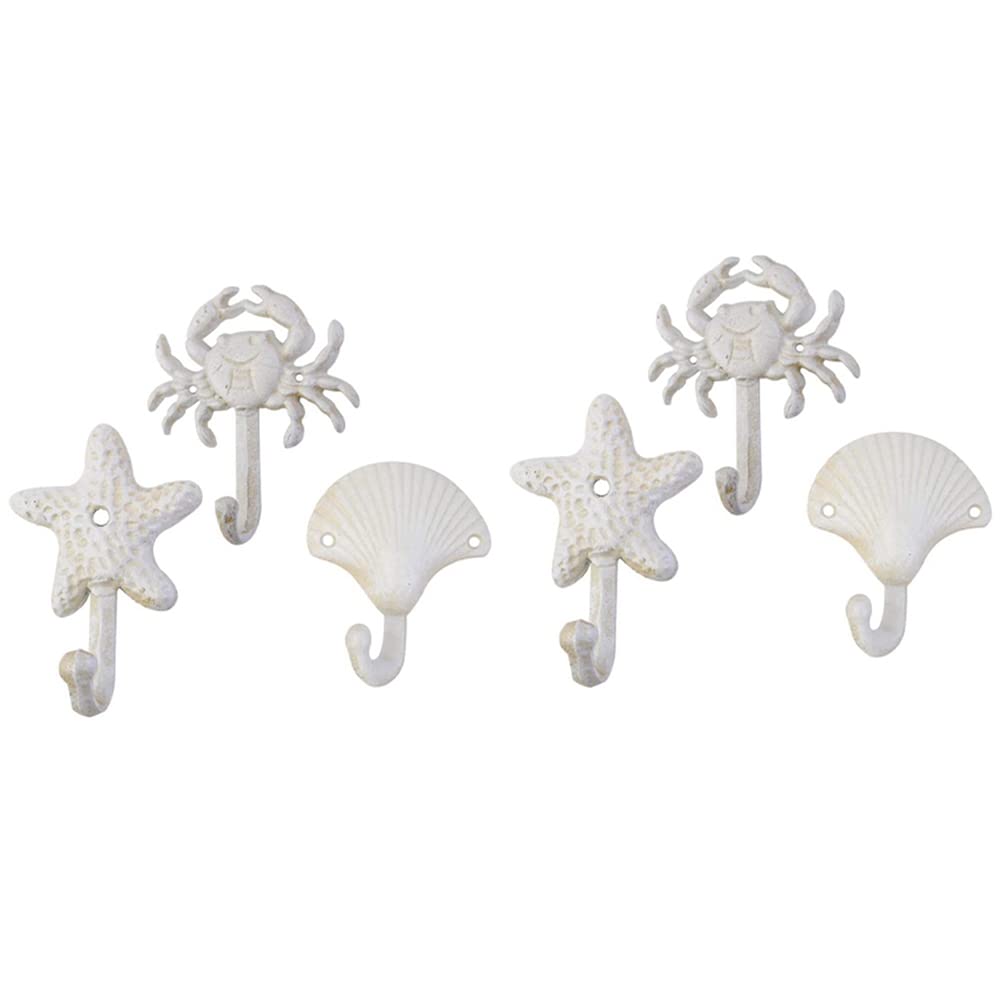 Hndhbfgrt White Set Of 6 Starfish Seashell Crab Cast Iron Decorative Wall Hooks Coats Aprons Towels Hooks Beach Ocean Theme Metal Hooks