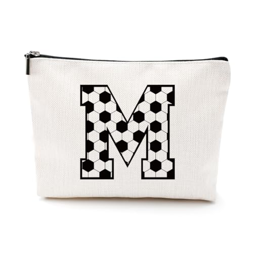 LONGXIN Soccer Initial A-Z Letter Makeup Bag - Monogrammed Cosmetic Toiletry Pouch for Women, Mom, Girls, Best Friend, Coach - Personalized Team Gift (M)