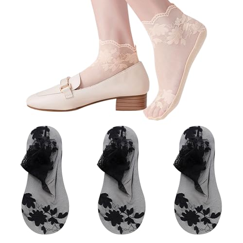 Image of SooGree 3Pairs Lace Socks No Show Frilly Ankle Socks Knit Cotton Socks Non Slip Low Cut Socks for Women Lace Floor Socks