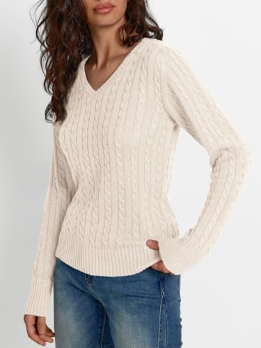 LILLUSORY Women's Cable Knit V Neck Lightweight Soft Pullover Sweaters3