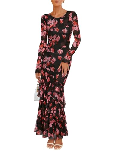 ZESICA Women's Long Sleeve Floral Bodycon Dresses 2025 Fall Fashion Mesh Ruffle Mermaid Wedding Guest Party Maxi Dress Black Small