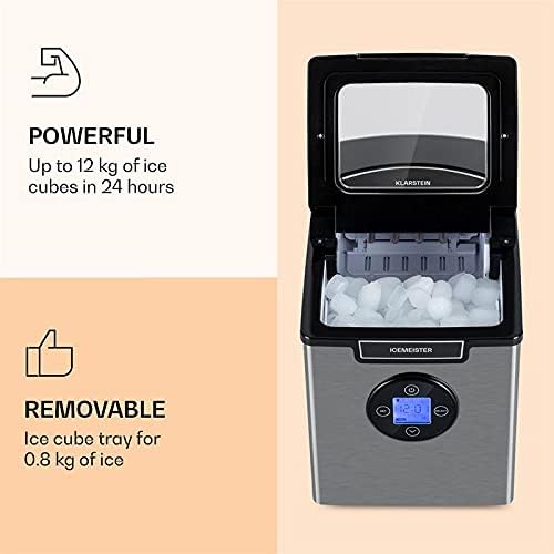 Klarstein Icemeister 2G Ice Cube Machine - 12 kg / 24 hours, 6-10 Minutes Production Time, 3 Ice Cube Sizes, 1.8-Litre Water Tank, LCD Display, Ice Cube Maker, Ice Maker, Stainless Steel, Silver