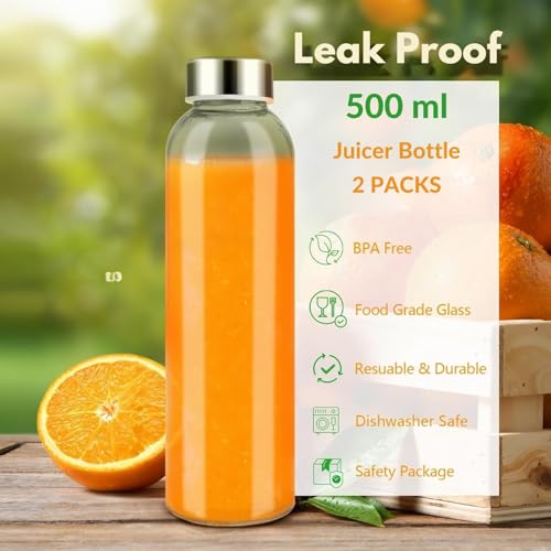 Image of Happy Cove High Borosilicate Glass Water Bottle 500ml - Water Bottle for Fridge, Durable Glass Bottle Set for Home and Travel | Eco-Friendly | Reusable, Leak-Proof | Set of 2 Glass bottle 500 ml