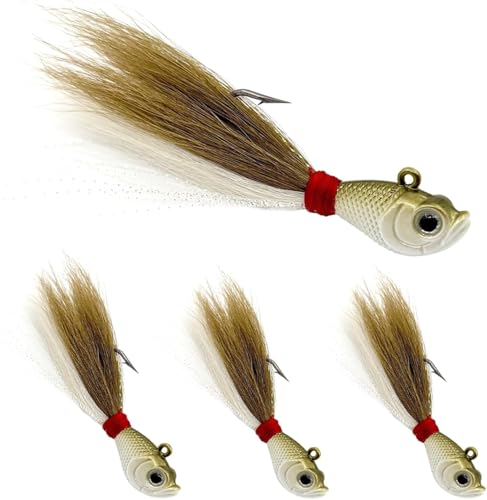 Natufish Bucktail Jigs 3Pcs Hair Jig Lure Hooks,Surf Fishing Hair Swimbait Jig Head Bait for Walleye Striper Saltwater(White Brown_2oz_3pcs)