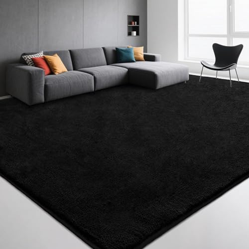 Image of Large Modern Area Rugs for Living Room Bedroom, 6x9 Feet Black Ultra Soft Thickened Memory-Foam Indoor Rug, Comfy Aesthetic Solid Minimalist Carpets for Girls Boys Nursery Dorm Home Decor