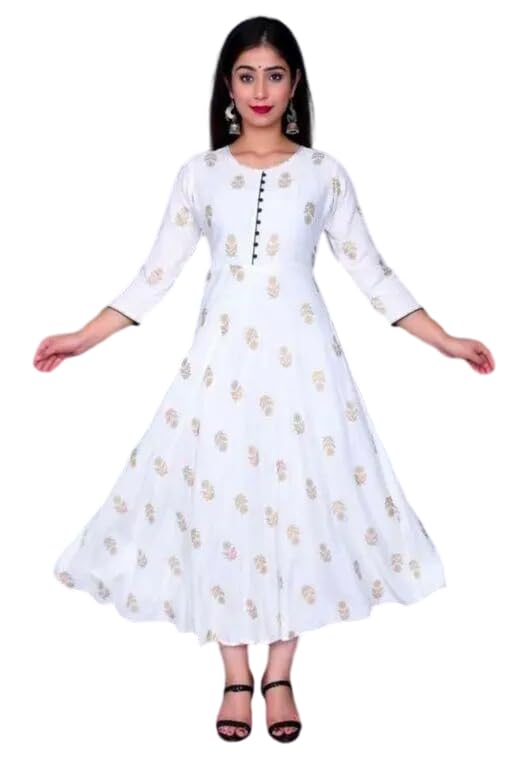 Raj Fashion Women's 3/4th Sleeves Round Neck Floral Printed Calf Length Flared Pleated White Ethnic Gown-picture-51