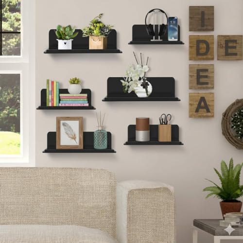 Image of Acrylic Wall Shelf, Black, 22.9 cm Shelf, No Drilling, Self-Adhesive Shelves with Cable Clips for Expanding Wall Space, Storage and Decoration, for Kitchen, Living Room, Pack of 6