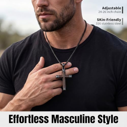 Image of Wooden Cross Necklace for Men with Stainless Steel Adjustable Chain 24-26in, Christian Wood Crucifix Pendant Gift for Him