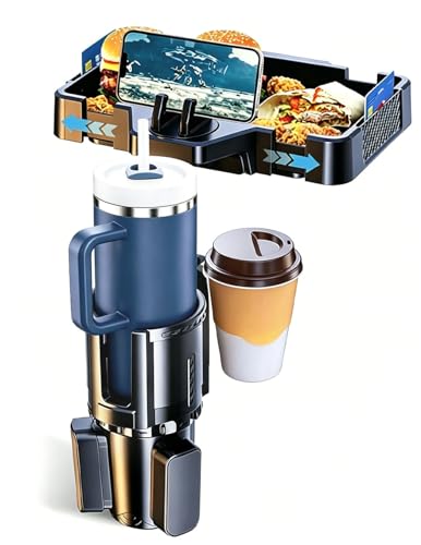 Car Cup Holder Tray 10 Inch 4-in-1 Cup Holder Tray 360 Rotating Drink Holder Expander with Detachable Food Tray & Phone Holder Road Trip Essentials