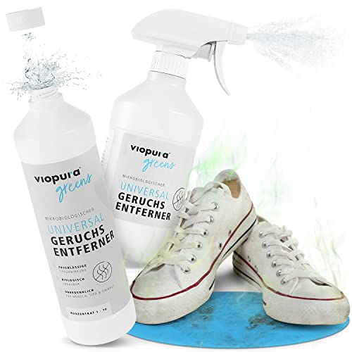 viopura Spezial Geruchsneutralisierer – hochwirksam & mikrobiologisch (1L Konzentrat + Sprühflasche) – für Haushalt & Wohnung – dermatologisch getestet – Enzymreiniger Geruchsentferner – Made in DE