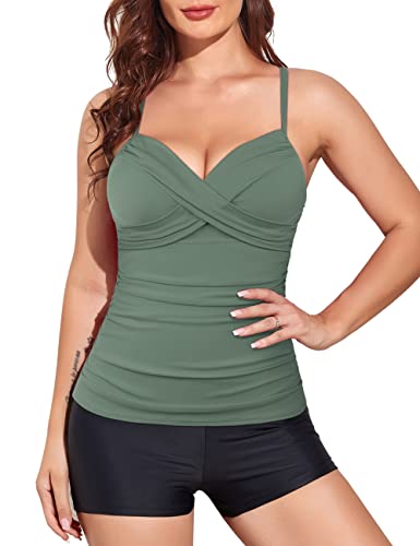 Hilor Women's Underwire Tankini Bathing Suits Tummy Control Swimwear Supportive Swimsuits Built in Bra Army Green 10