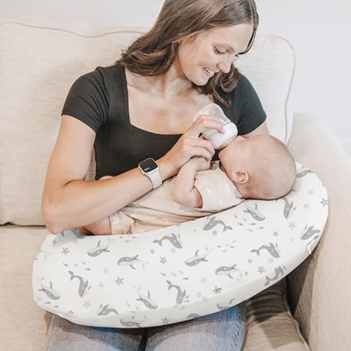 Image of Konssy 2 Pack Nursing Pillow Covers, Stretchy and Soft Nursing Cover for Breastfeeding Pillows, Pillow Slipcover for Baby Girls Boys Newborn (Starry Whales,Cozy Grid)