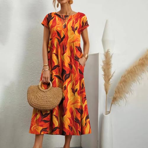 Womens Floral Boho Dresses with Pockets Short Sleeve Summer Beach Dress Crew Neck Casual Midi Dresses for Women2
