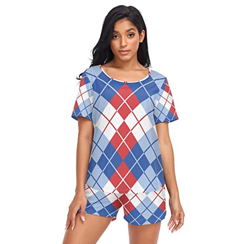 Fustylead Argyle Design In Red White And Blue Women's Shorts Pajama Set Short Sleeve Sleepwear With Pockets S-Xxl #TOP1