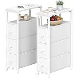 KLUVIS Narrow Night Stand Set 2 - Skinny Nightstands with Drawers Slim Bedsides Tables for Small Space Dresser for Bedroom Living Room Thin Side Table, White (08W2)