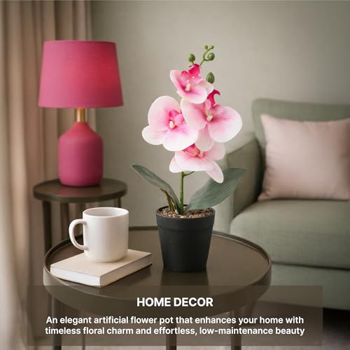 Image of Habere India-All the Cultures Fabricating India Pink Moth Orchid Artificial Plant with Pot for Home Decor | Small Fake Flower Plants for Living Room & Indoor Decoration (Design01: L9 x W9 x H31 cm)
