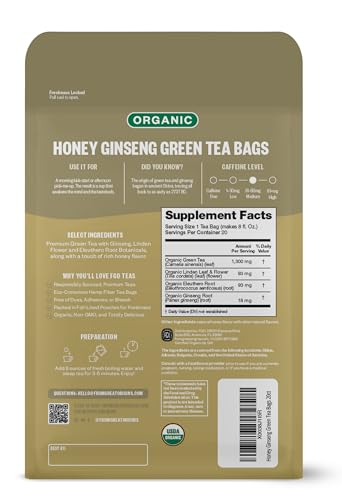 Image of FGO Organic Honey Ginseng Green Tea, 20 Count, Eco-Conscious Tea Bags, Resealable Bag, Packaging May Vary (Pack of 1)