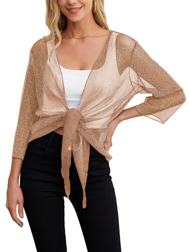 Feiersi Womens Thin Sheer Shrug 3/4 Sleeve Mesh Bolero Tie Front Cropped Cardigan2