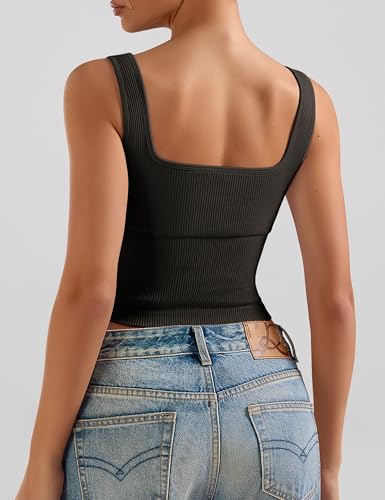 Image of OLCHEE Womens 3 Pack Crop Tank Tops Basic Seamless Ribbed Sleeveless Square Neck Workout Top Summer Exercise Yoga Gym Shirts