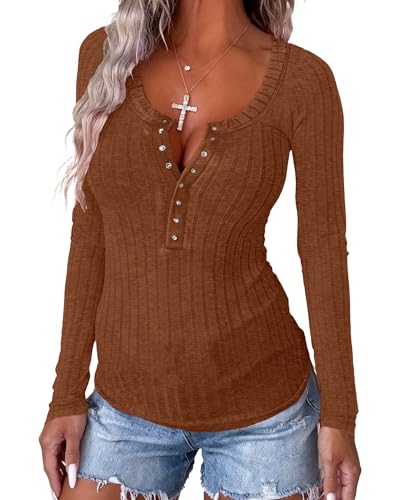 Image of APOFER Women's Long Sleeve Tunics Lightweight Ribbed Knit Blouse Scoop Neck Tops Snap Button Slim Fit Casual Henley Shirt