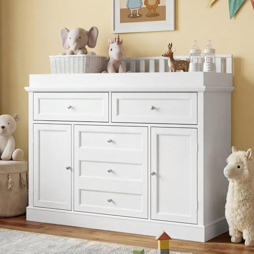 Image of Timechee 46“ Baby Dresser with Changing Table Top, White Dresser with Storage Drawers and Doors for Nursery, Multifunctional Nursery Baby Changing Table Dressers, Diaper Station Cabinet for Kids Room