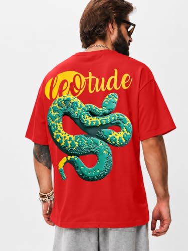 Image of LEOTUDE Men's Premium T-Shirt | 100% Pure Cotton Oversized Baggy Fit Drop Shoulder Cool Back Typographic Printed T-Shirt for Men (Color : Black)